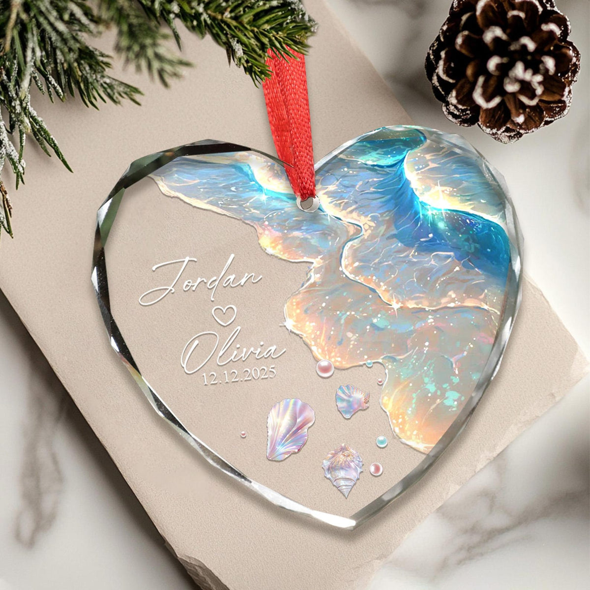 Personalized Ocean Wave Ornament, Custom Engagement Wedding Gift for Couple, Beach Mermaid Tail Keepsake, Mr & Mrs Anniversary Present