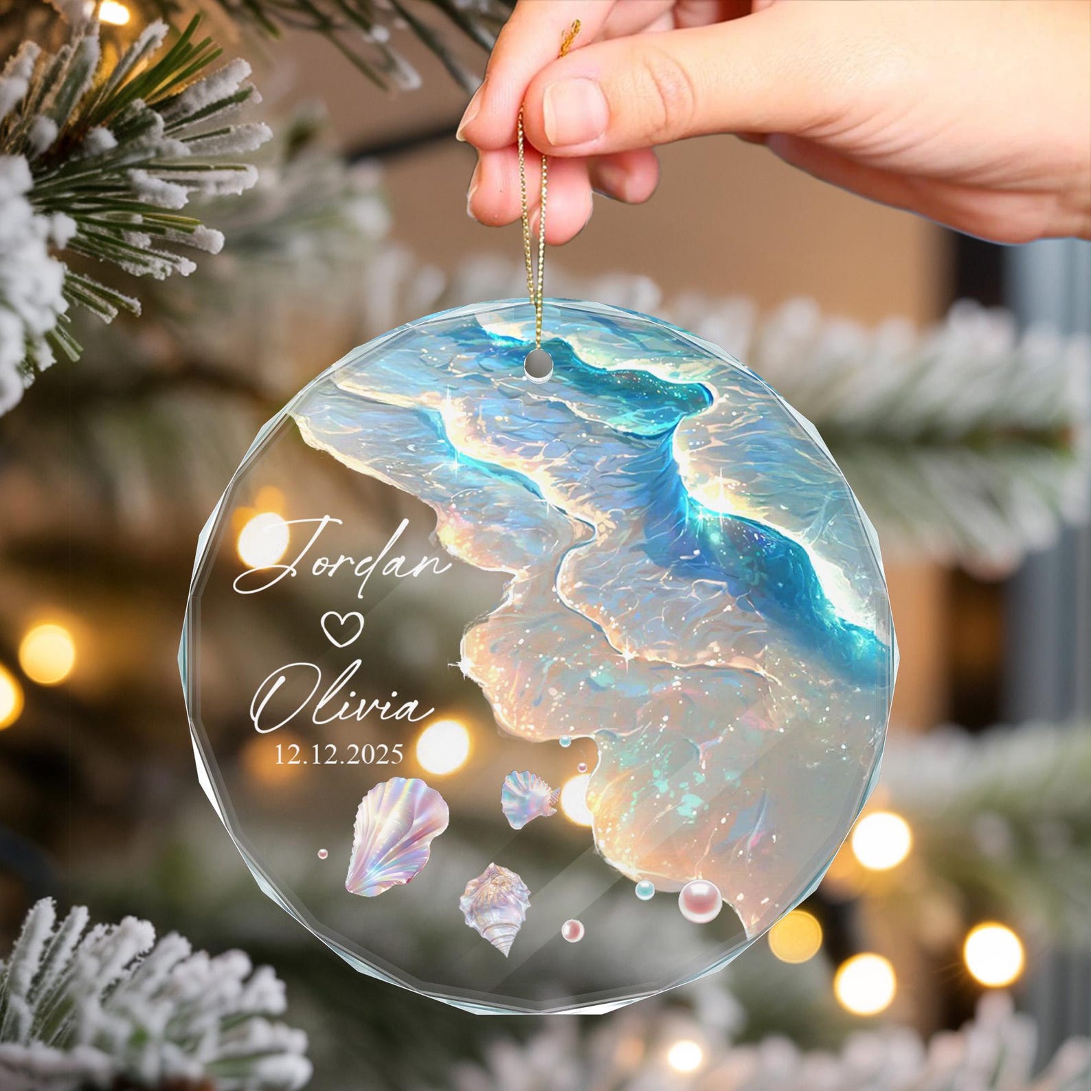 Personalized Ocean Wave Ornament, Custom Engagement Wedding Gift for Couple, Beach Mermaid Tail Keepsake, Mr & Mrs Anniversary Present