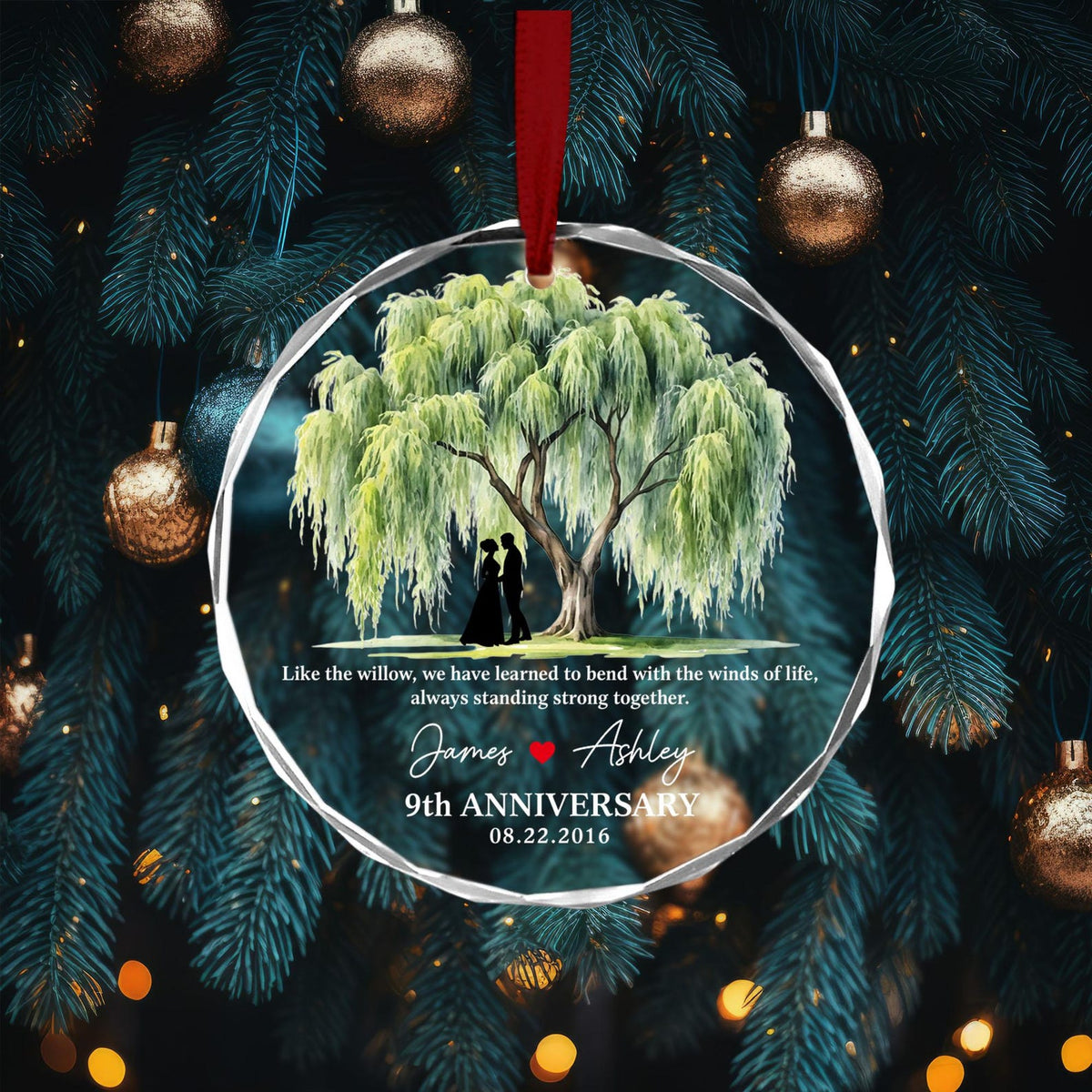 9th Anniversary Willow Tree Glass Ornament, Custom Wedding Anniversary Gift for Wife,9th Anniversary Gifts for Couple,Wedding Gift For Her