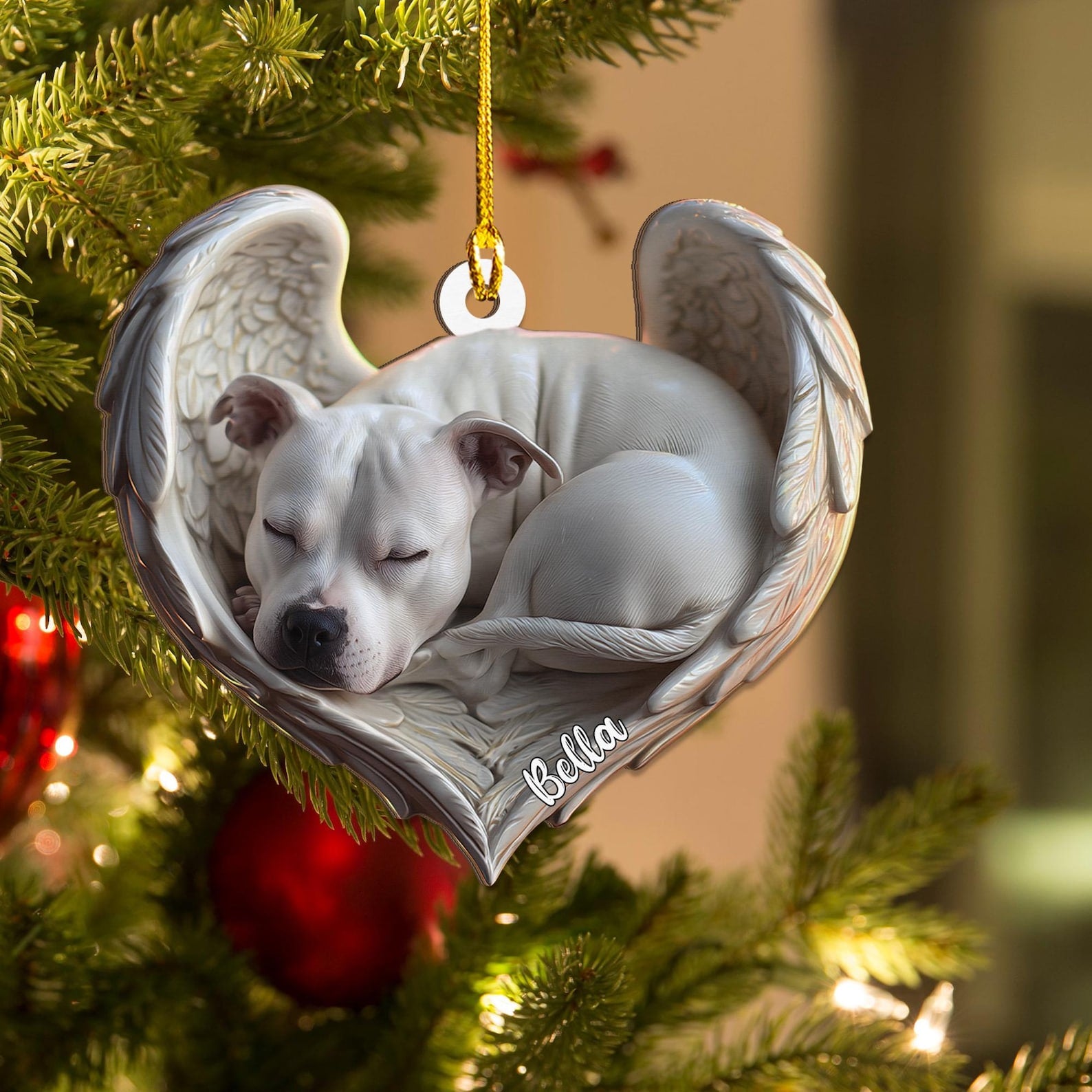 Personalized Staffordshire Bull Dog Angel Ash Plywood Ornament Flat 2D Cutout Holiday Tree Decor Gift for Dog Lovers, Pet Memorial Keepsake