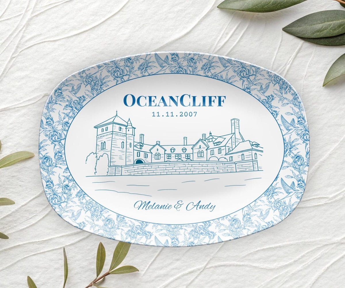 Personalized Wedding Venue Plate, Blue and White Platter, Custom Keepsake Gift for Couples, Unique Bridal Shower Decor, Engagement Plate