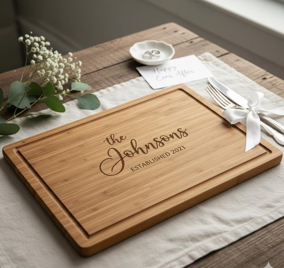 Personalized Bamboo Cutting Board, Custom Wedding Gift, Bespoke Carved Charcuterie Serving Tray