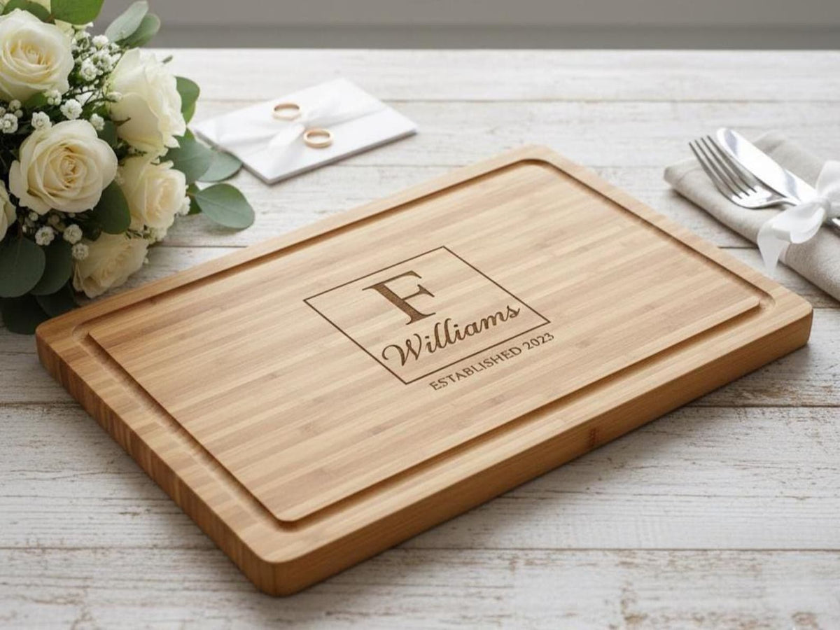 Personalized Bamboo Cutting Board, Custom Wedding Gift, Bespoke Carved Charcuterie Serving Tray