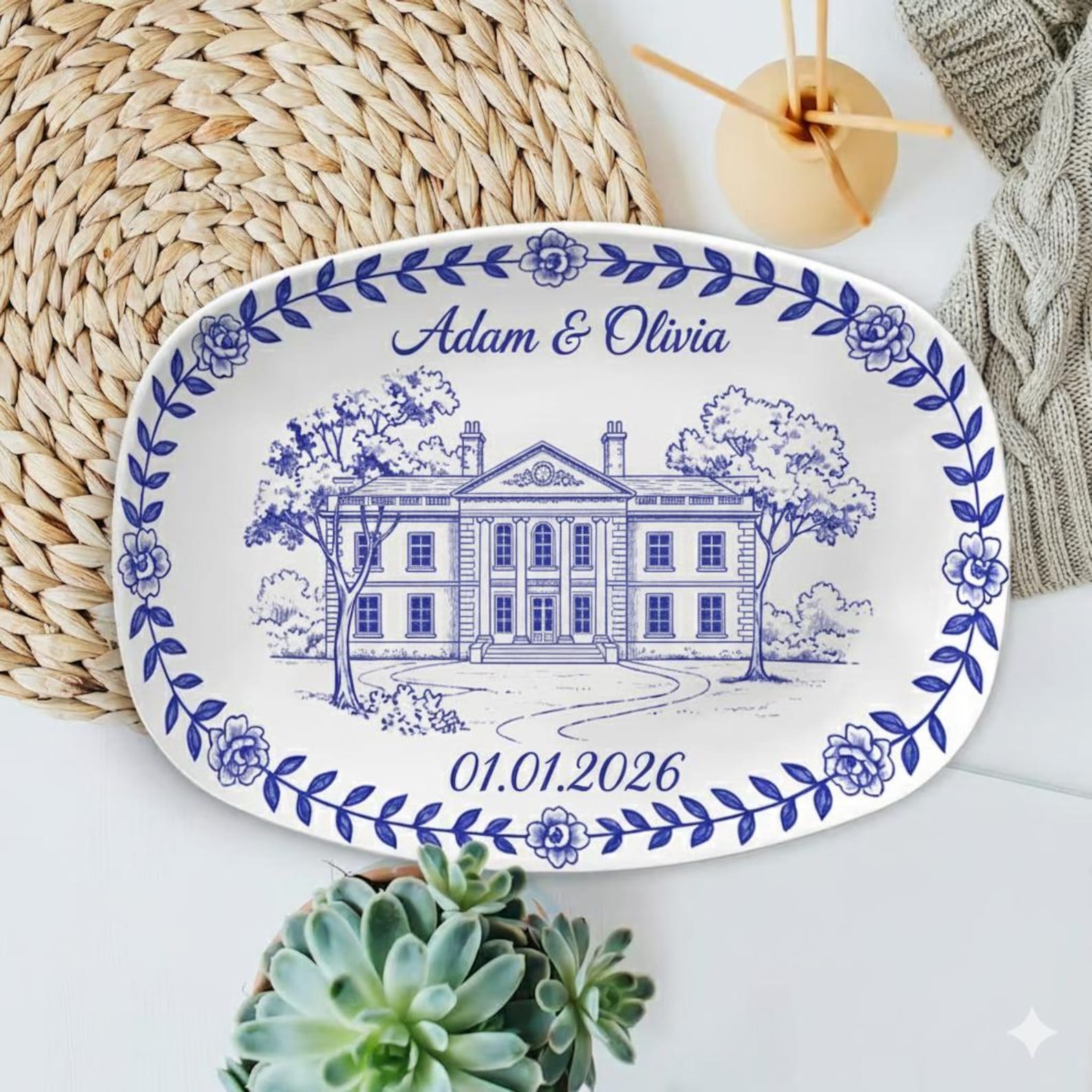 Custom Wedding Venue Platter: Blue Toile Illustrated Venue Decor