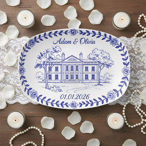 Custom Wedding Venue Platter: Blue Toile Illustrated Venue Decor
