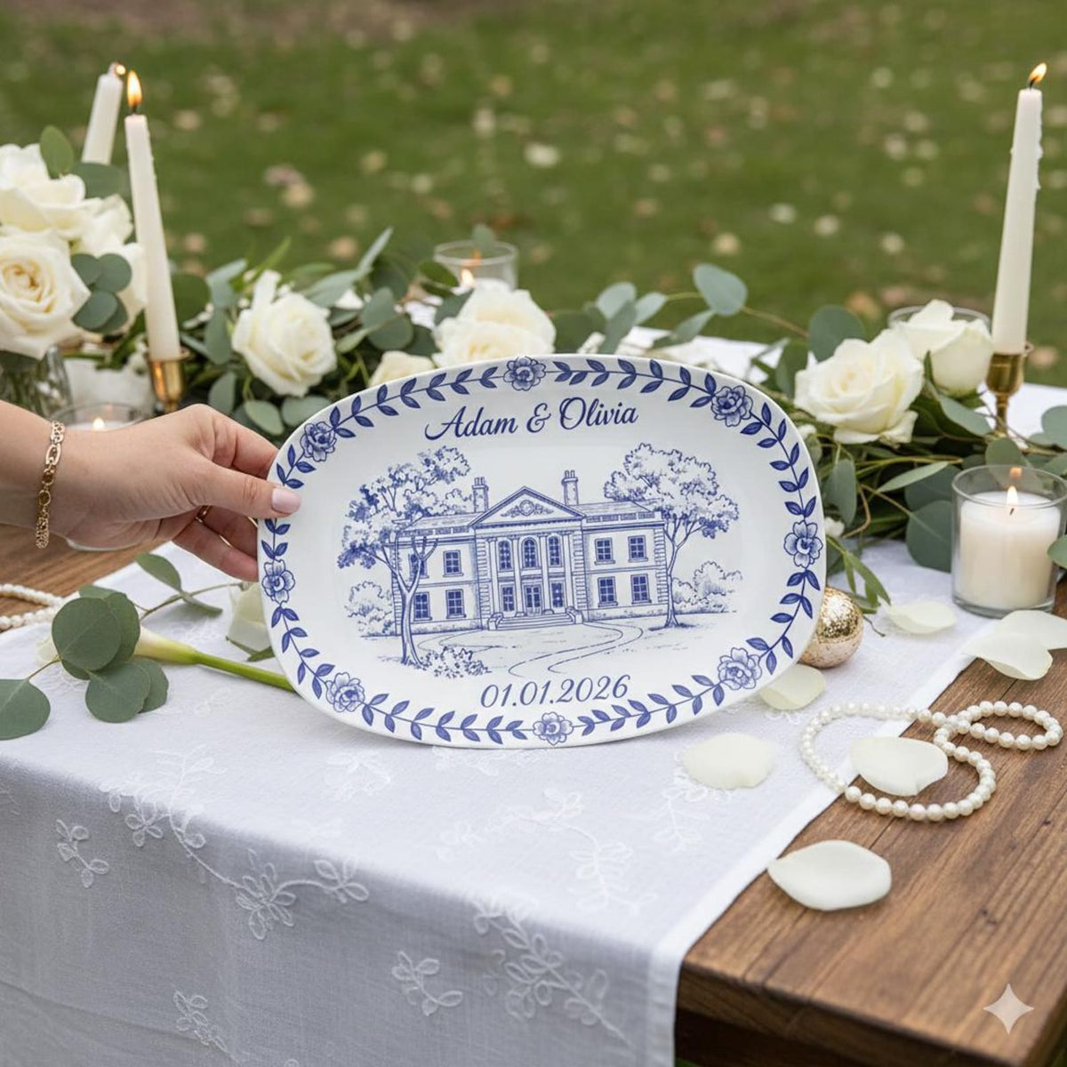 Custom Wedding Venue Platter: Blue Toile Illustrated Venue Decor