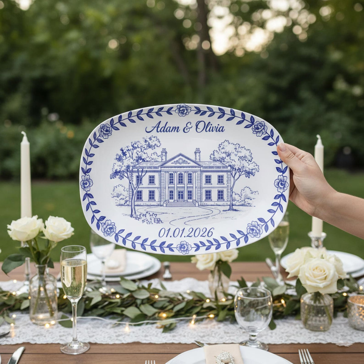 Custom Wedding Venue Platter: Blue Toile Illustrated Venue Decor
