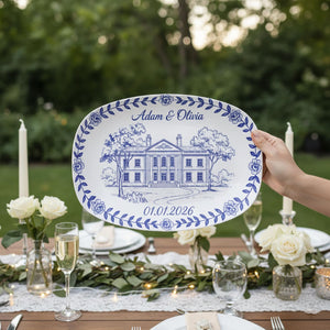 Custom Wedding Venue Platter: Blue Toile Illustrated Venue Decor