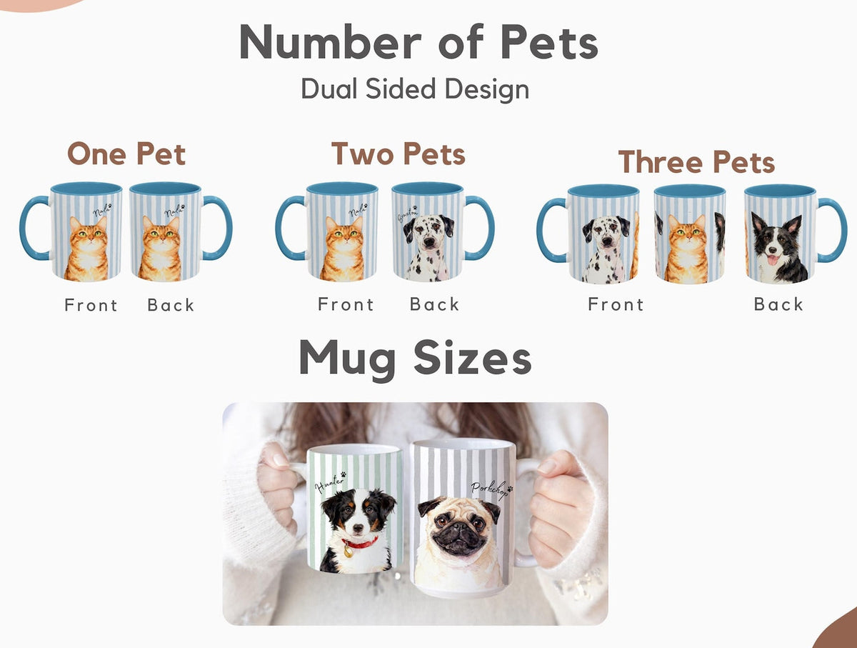 Mug with dual-sided design featuring pets, showing front and back views for one, two, and three pets.

