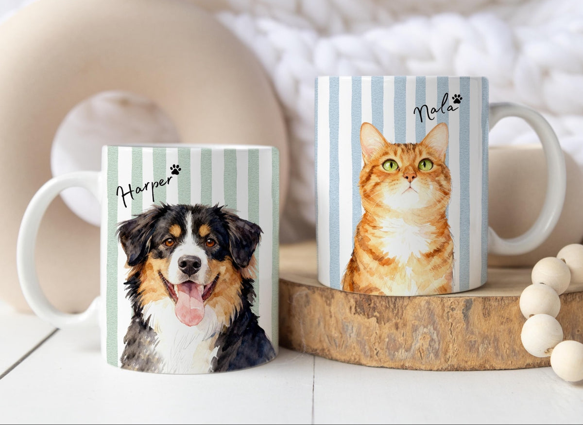 Custom Striped Pet Mug with Photo and Name Personalized Coffee Cup for Dog Moms