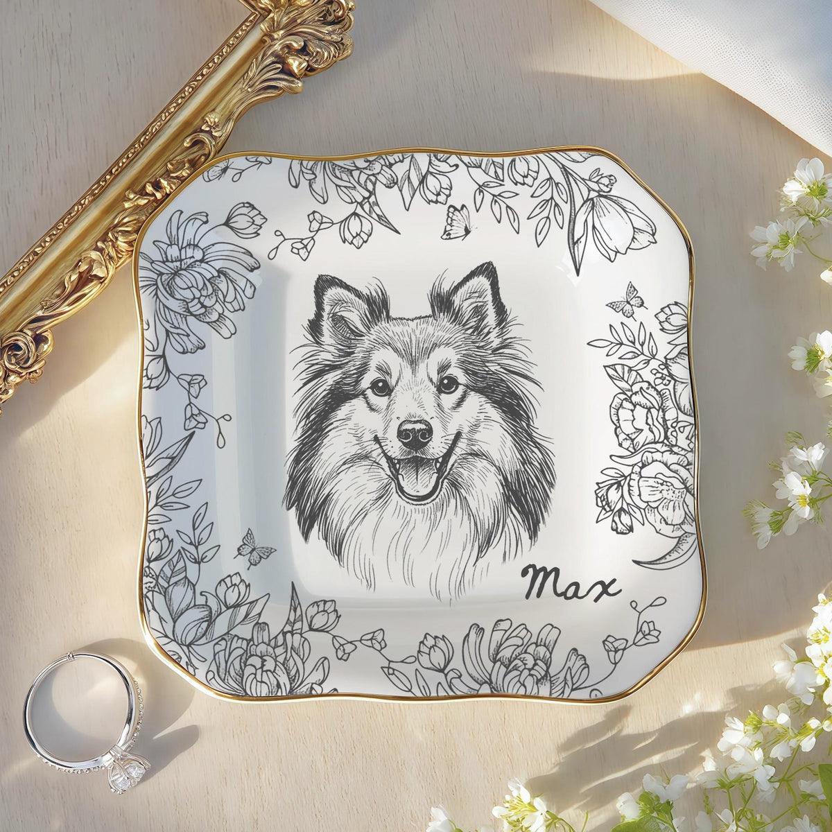 Custom Pet Jewelry Dish, Pet Memorial Jewelry Dish, Custom Dog Cat Portrait Ring Dish, Toile De Jouy Pet Ring Dish, Gift For Pet Owner