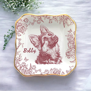 Custom Pet Jewelry Dish, Pet Memorial Jewelry Dish, Custom Dog Cat Portrait Ring Dish, Toile De Jouy Pet Ring Dish, Gift For Pet Owner