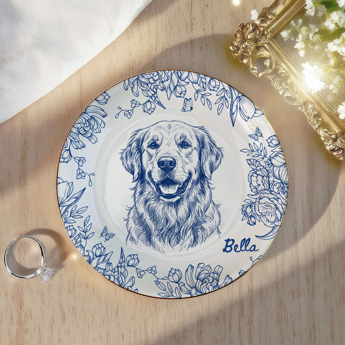 Custom Pet Jewelry Dish, Pet Memorial Jewelry Dish, Custom Dog Cat Portrait Ring Dish, Toile De Jouy Pet Ring Dish, Gift For Pet Owner