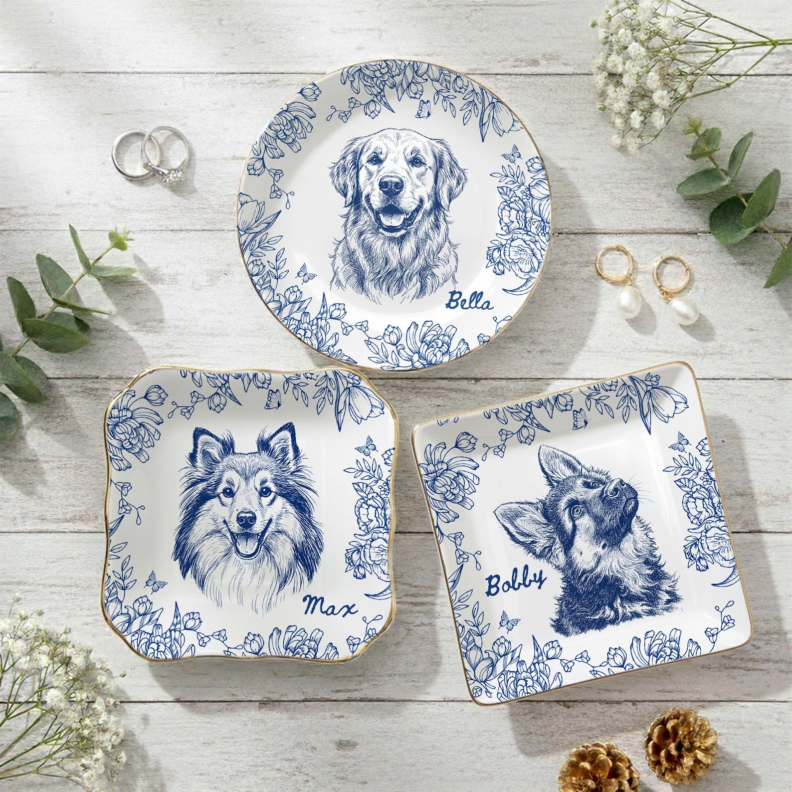 Custom Pet Jewelry Dish, Pet Memorial Jewelry Dish, Custom Dog Cat Portrait Ring Dish, Toile De Jouy Pet Ring Dish, Gift For Pet Owner