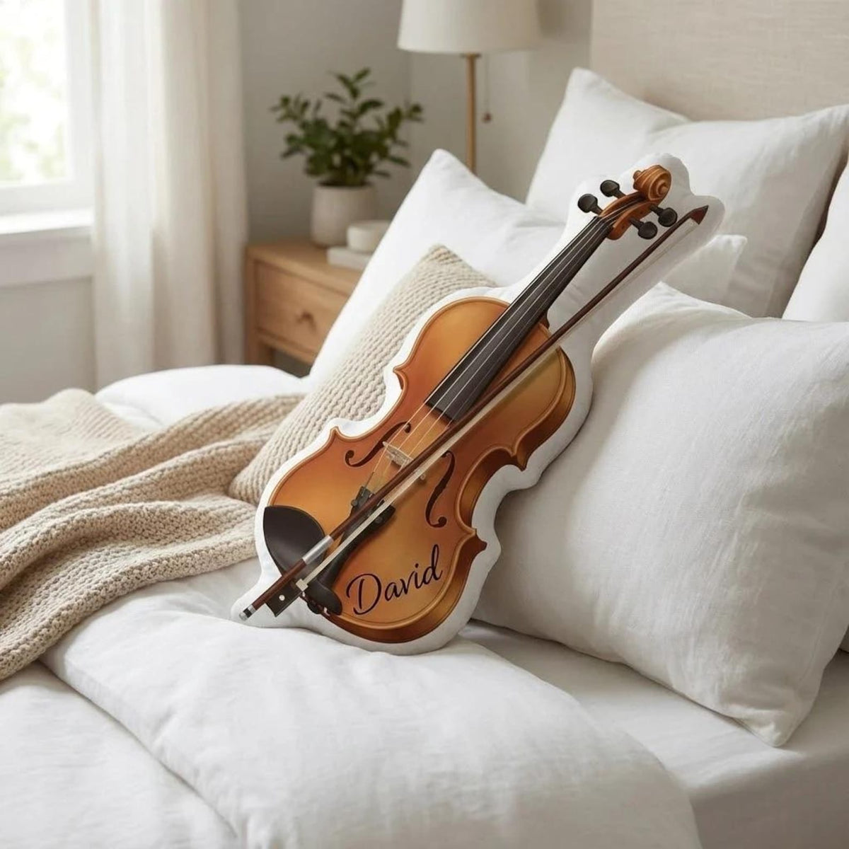 Custom Plush Violin Pillow: Realistic Instrument Print, Photo Name Detail, Decorative Music Accent