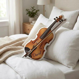 Custom Plush Violin Pillow: Realistic Instrument Print, Photo Name Detail, Decorative Music Accent