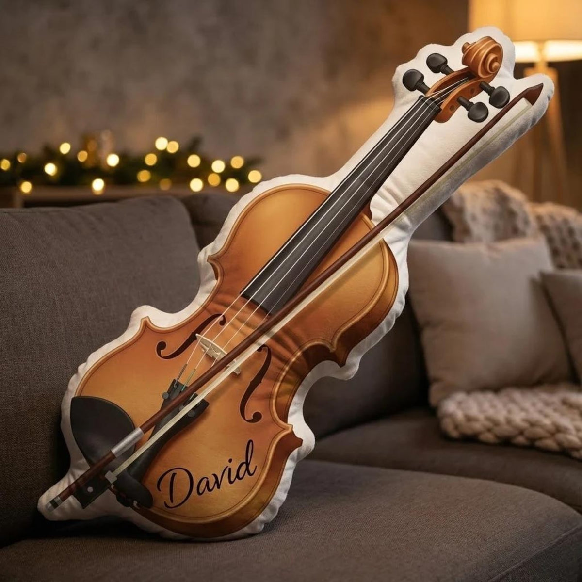 Custom Plush Violin Pillow: Realistic Instrument Print, Photo Name Detail, Decorative Music Accent
