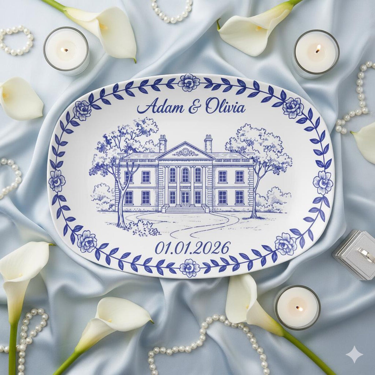 Custom Wedding Venue Platter: Blue Toile Illustrated Venue Decor