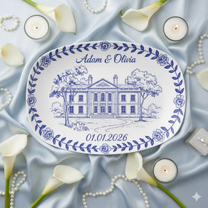 Custom Wedding Venue Platter: Blue Toile Illustrated Venue Decor