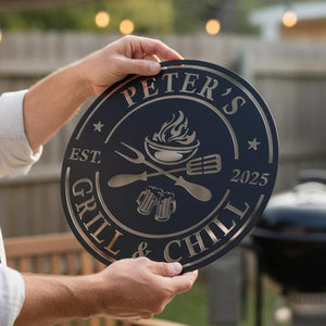 Personalized Grill & Chill Sign, BBQ Metal Decor, Custom Name Barbecue Art, Outdoor Patio/Man Cave Decor, Unique Handmade Father's Day Gift