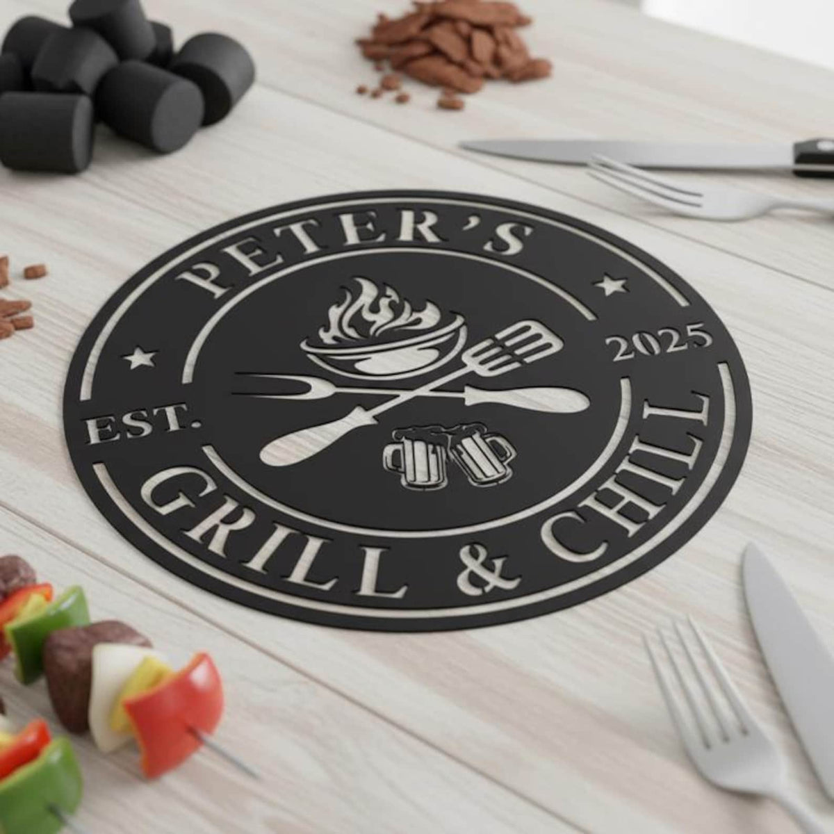 Personalized Grill & Chill Sign, BBQ Metal Decor, Custom Name Barbecue Art, Outdoor Patio/Man Cave Decor, Unique Handmade Father's Day Gift