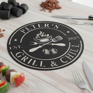Personalized Grill & Chill Sign, BBQ Metal Decor, Custom Name Barbecue Art, Outdoor Patio/Man Cave Decor, Unique Handmade Father's Day Gift
