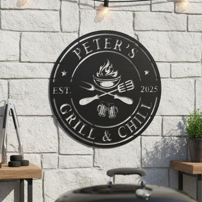 Personalized Grill & Chill Sign, BBQ Metal Decor, Custom Name Barbecue Art, Outdoor Patio/Man Cave Decor, Unique Handmade Father's Day Gift