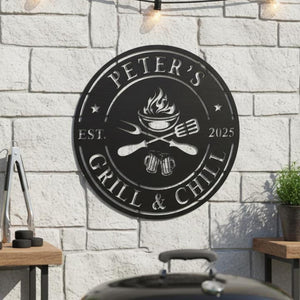 Personalized Grill & Chill Sign, BBQ Metal Decor, Custom Name Barbecue Art, Outdoor Patio/Man Cave Decor, Unique Handmade Father's Day Gift