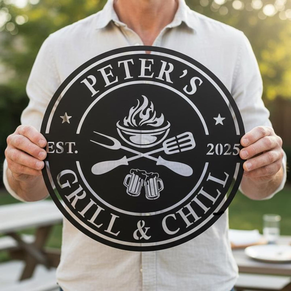 Personalized Grill & Chill Sign, BBQ Metal Decor, Custom Name Barbecue Art, Outdoor Patio/Man Cave Decor, Unique Handmade Father's Day Gift