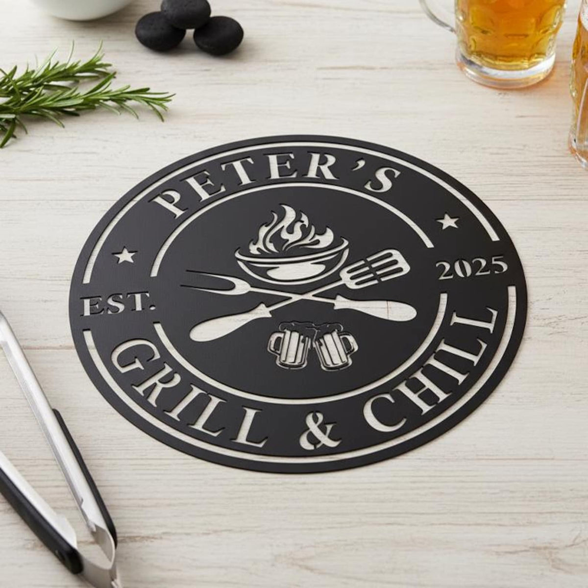 Personalized Grill & Chill Sign, BBQ Metal Decor, Custom Name Barbecue Art, Outdoor Patio/Man Cave Decor, Unique Handmade Father's Day Gift