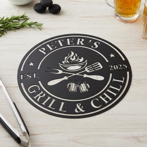 Personalized Grill & Chill Sign, BBQ Metal Decor, Custom Name Barbecue Art, Outdoor Patio/Man Cave Decor, Unique Handmade Father's Day Gift