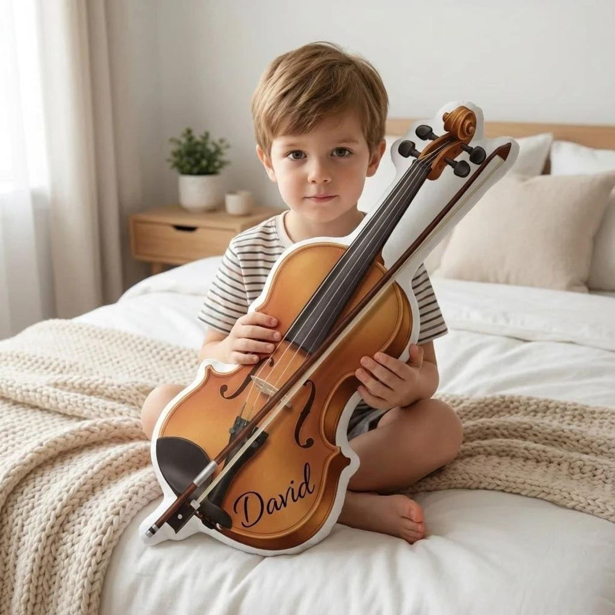 Custom Plush Violin Pillow: Realistic Instrument Print, Photo Name Detail, Decorative Music Accent