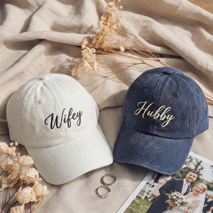 Custom Hubby Wifey Embroidered Washed Baseball Cap, Custom Date Wedding Gift Hat, Bachelorette Party Dad Hat, Engagement Gift, Bride Hat