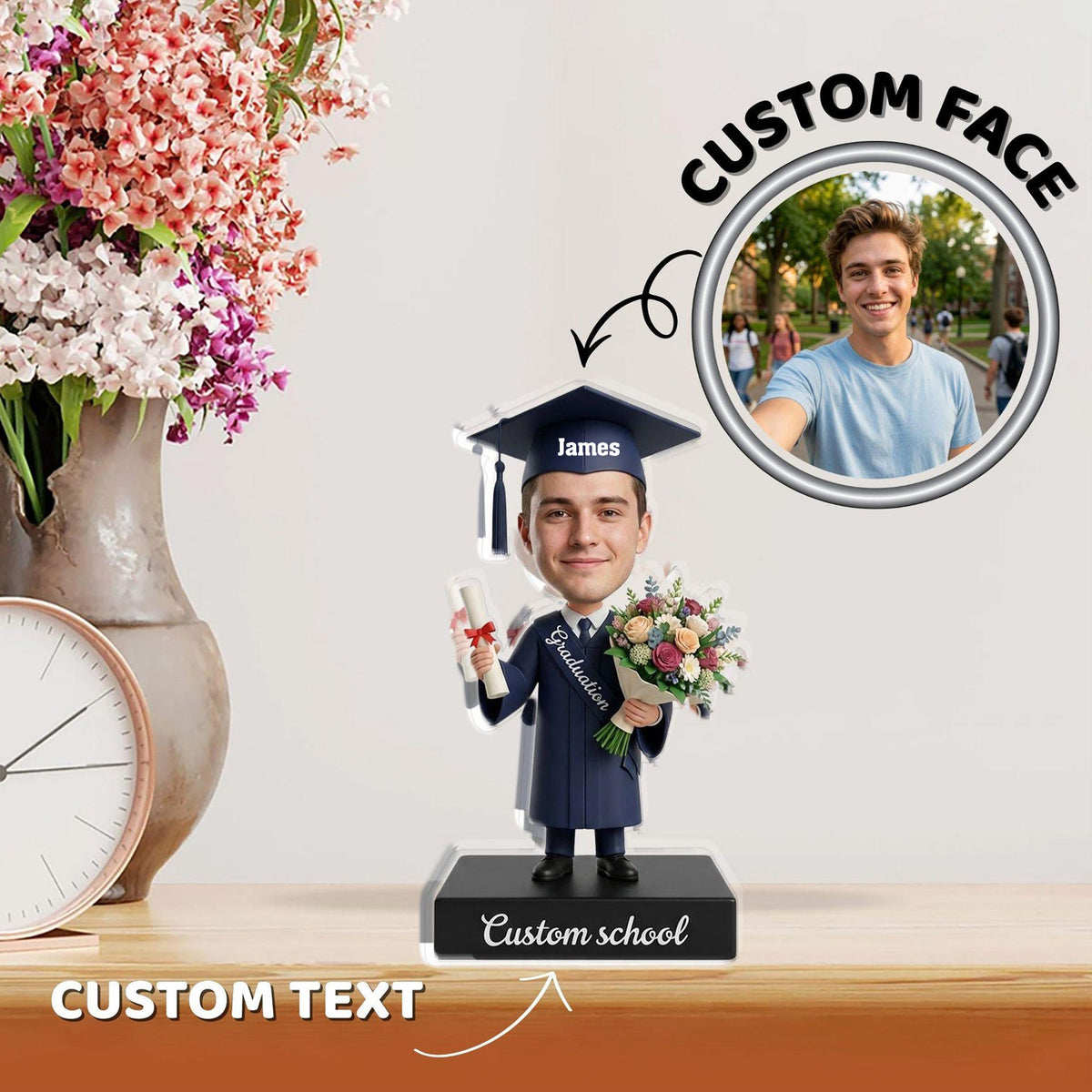 Custom Acrylic Block: Graduation Figurine with Personalized Face and School Name
