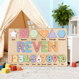 Personalized Wooden Name Puzzle - Custom Baby Gift with Shapes & Numbers 1-10, Customized Back Engraving, Baby Shower, 1st Birthday Gift