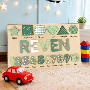 Personalized Wooden Name Puzzle - Custom Baby Gift with Shapes & Numbers 1-10, Customized Back Engraving, Baby Shower, 1st Birthday Gift