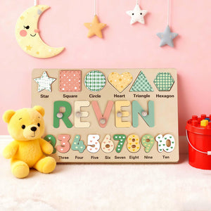 Personalized Wooden Name Puzzle - Custom Baby Gift with Shapes & Numbers 1-10, Customized Back Engraving, Baby Shower, 1st Birthday Gift