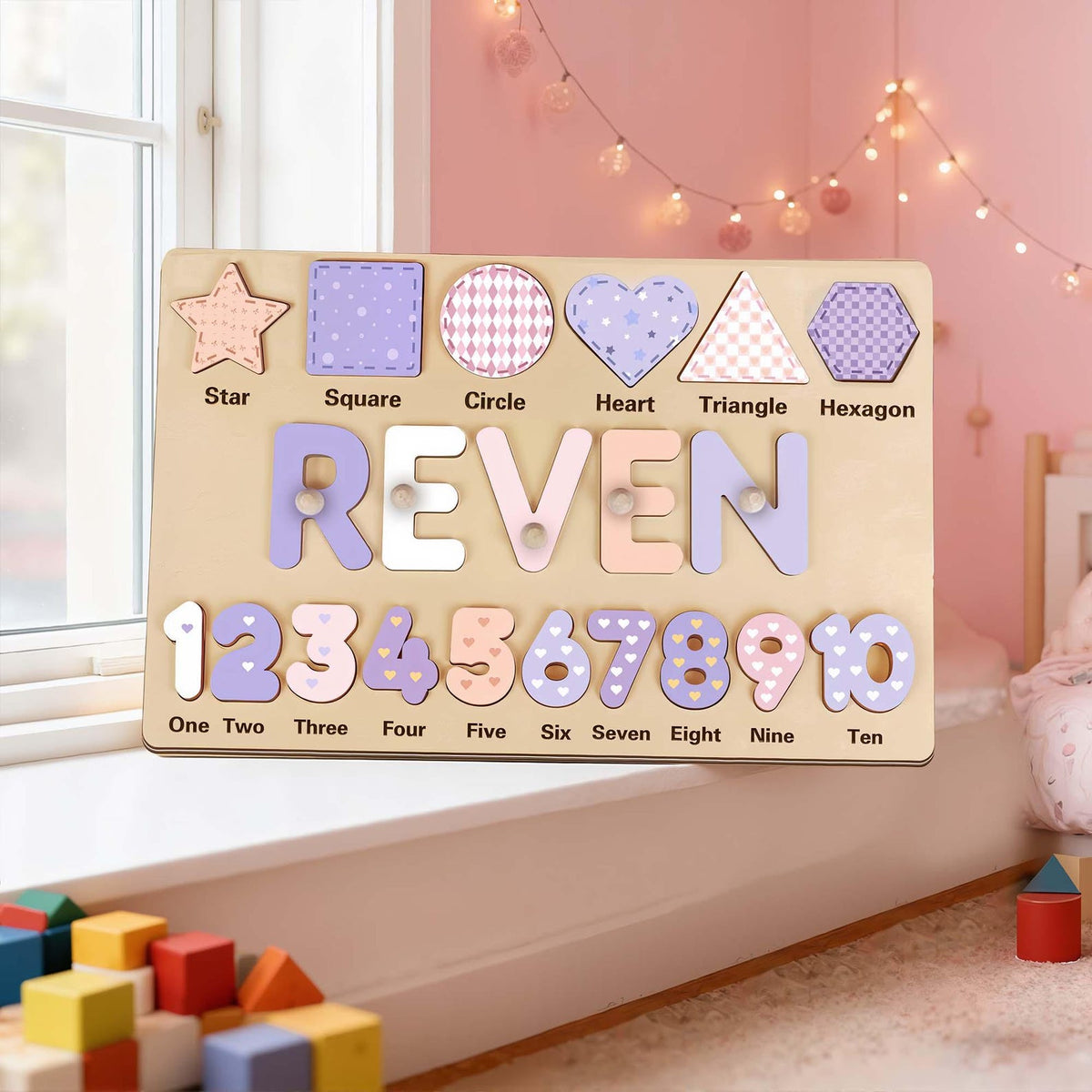 Personalized Wooden Name Puzzle - Custom Baby Gift with Shapes & Numbers 1-10, Customized Back Engraving, Baby Shower, 1st Birthday Gift