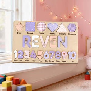 Personalized Wooden Name Puzzle - Custom Baby Gift with Shapes & Numbers 1-10, Customized Back Engraving, Baby Shower, 1st Birthday Gift
