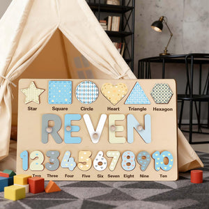 Personalized Wooden Name Puzzle - Custom Baby Gift with Shapes & Numbers 1-10, Customized Back Engraving, Baby Shower, 1st Birthday Gift
