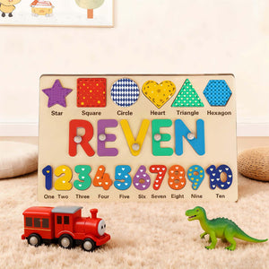 Personalized Wooden Name Puzzle - Custom Baby Gift with Shapes & Numbers 1-10, Customized Back Engraving, Baby Shower, 1st Birthday Gift