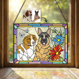 Custom Multiple Pets Portrait Glass Suncatcher, Dogs Memorial Gift, Dog Lover Gift, Gift For Dog Lover, Cat Lover Gift, Pet Memorial Gift