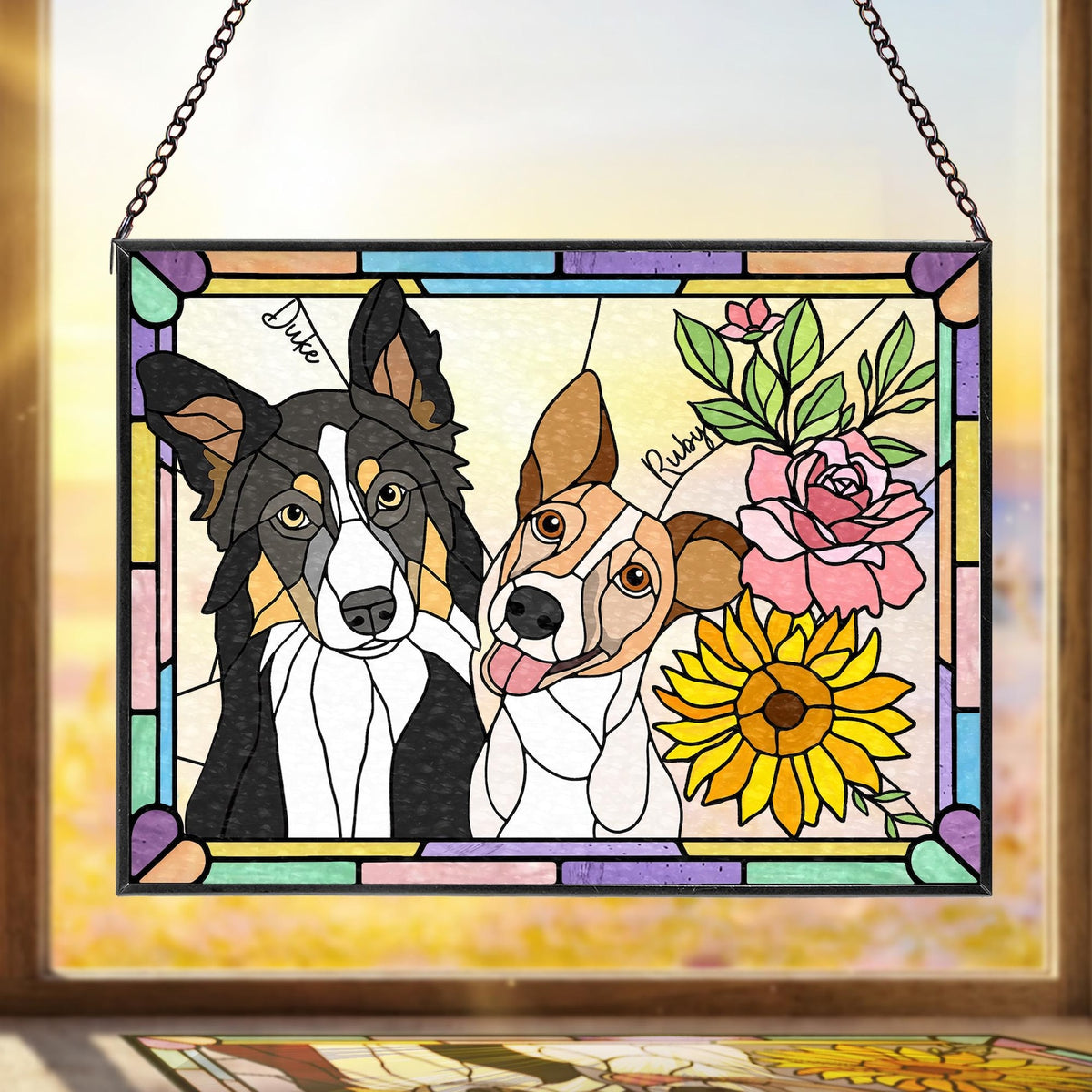 Custom Multiple Pets Portrait Glass Suncatcher, Dogs Memorial Gift, Dog Lover Gift, Gift For Dog Lover, Cat Lover Gift, Pet Memorial Gift