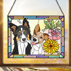 Custom Multiple Pets Portrait Glass Suncatcher, Dogs Memorial Gift, Dog Lover Gift, Gift For Dog Lover, Cat Lover Gift, Pet Memorial Gift