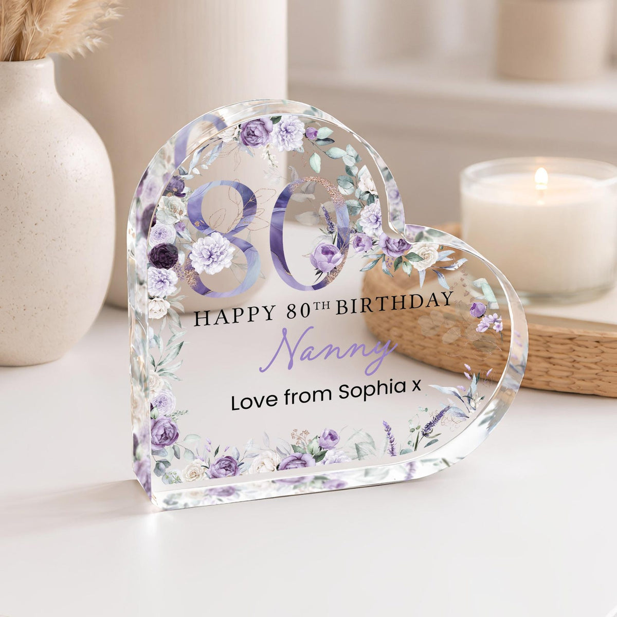 Personalised Happy 80th Birthday Gift Plaque, Birthday Gift For Nan Grandma Mum, 80th Birthday Gifts, Purple Floral 80th Gift, Gifts for Her