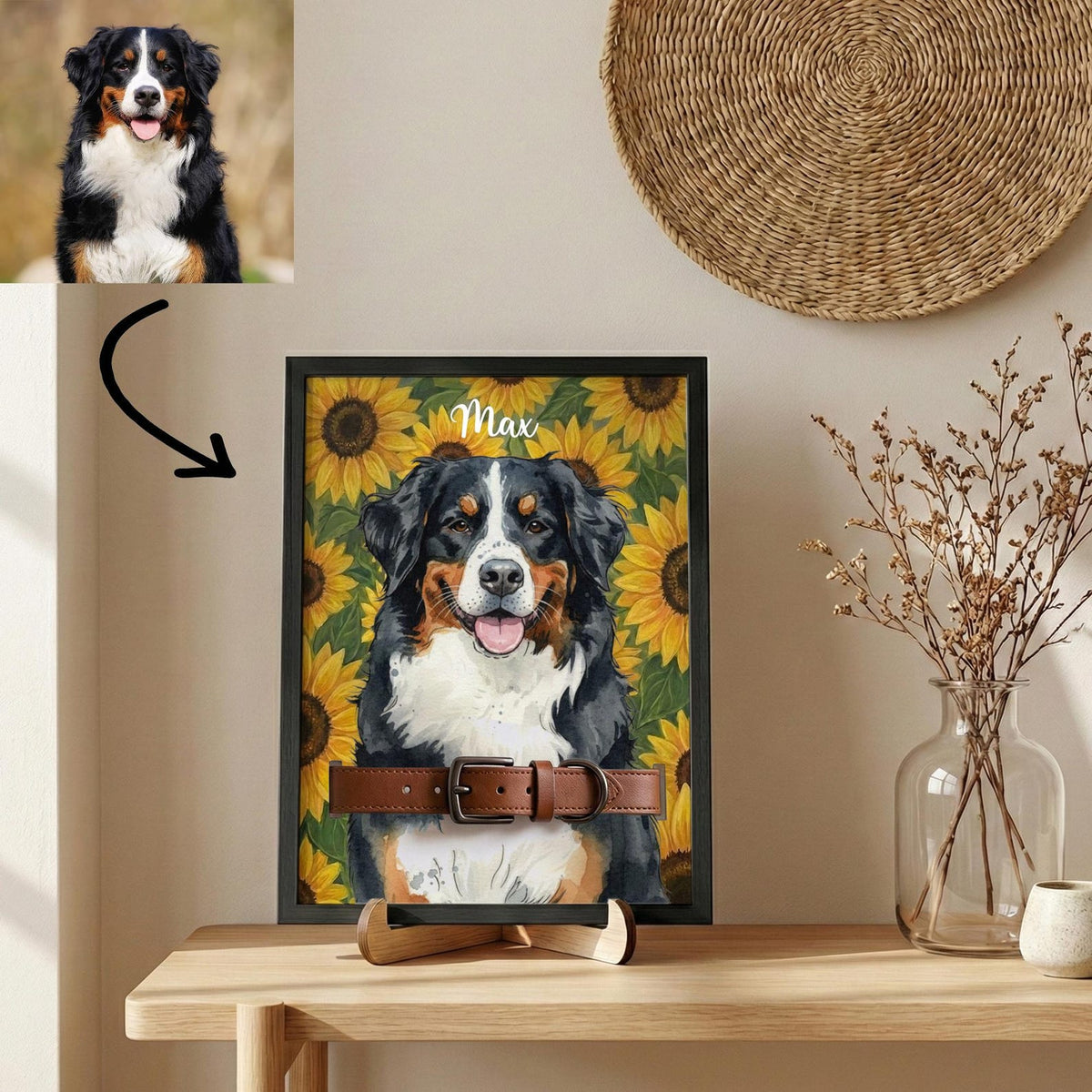 Custom Watercolor Pet Collar Sign| Loss of Dog, Cat Gift| Pet Collar Holder Using Pet Photo| Dog Memorial Wood Frame With Collar Holder