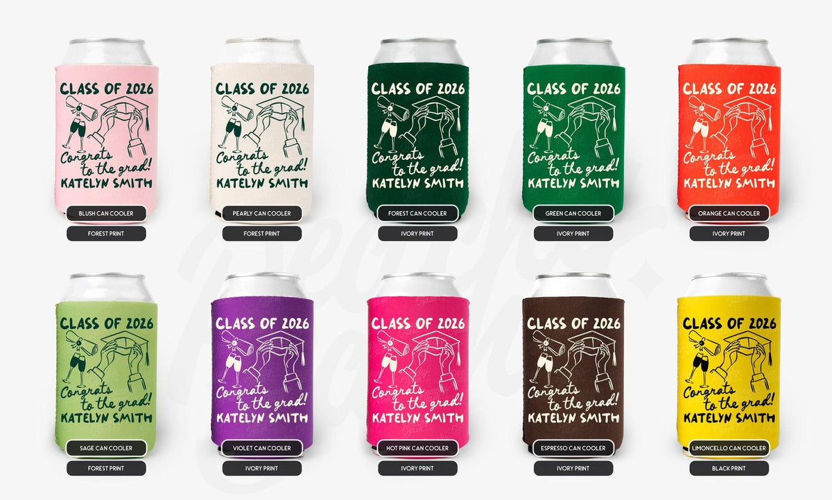 Congrats To The Grad Graduation Can Cooler - Custom College Graduation Party Favors - Personalized Cozies in Regular and Slim Size