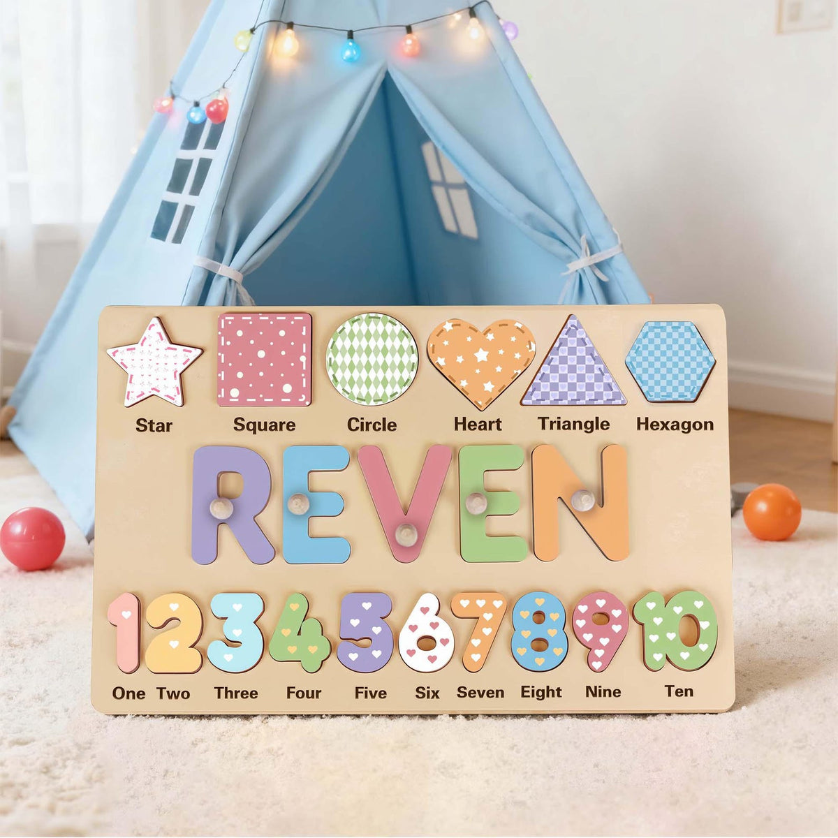 Personalized Wooden Name Puzzle - Custom Baby Gift with Shapes & Numbers 1-10, Customized Back Engraving, Baby Shower, 1st Birthday Gift