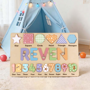 Personalized Wooden Name Puzzle - Custom Baby Gift with Shapes & Numbers 1-10, Customized Back Engraving, Baby Shower, 1st Birthday Gift