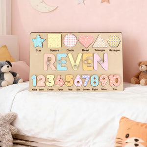 Personalized Wooden Name Puzzle - Custom Baby Gift with Shapes & Numbers 1-10, Customized Back Engraving, Baby Shower, 1st Birthday Gift